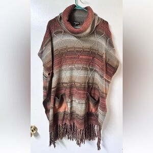 DorDor Couture Women Boho Xlarge  Poncho Vest Cowl Neck Fringe Front Pockets